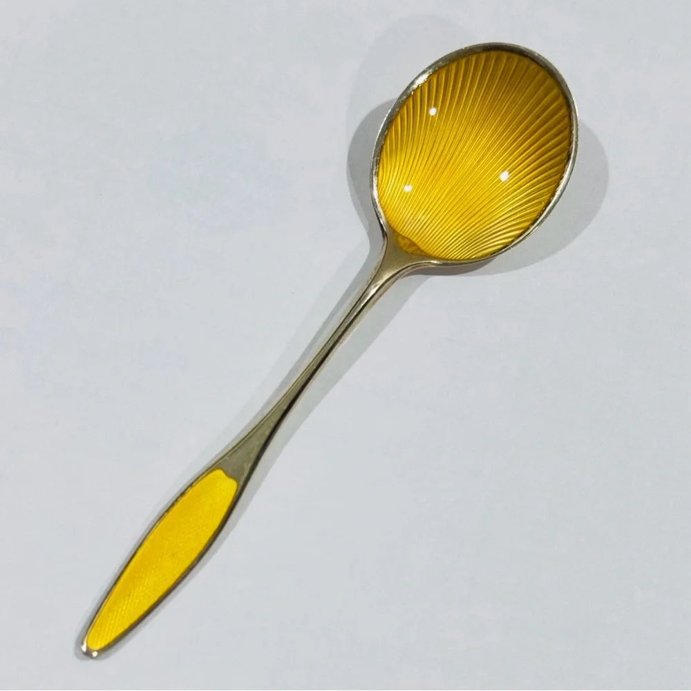 Frigast Sterling Denmark 5.2″ Guilloché Enamel Gilt Spoon — Vintage Danish MCM